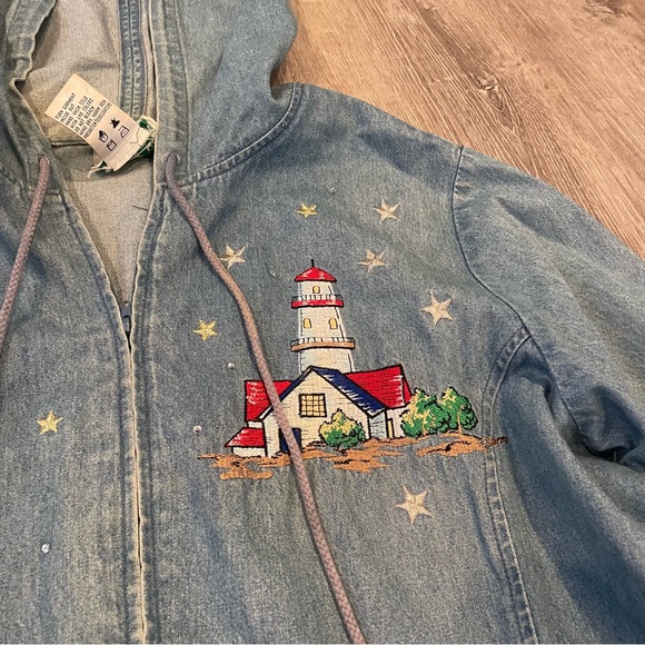 Vintage Quacker Factory Denim Full Zip Hooded Embroidered Lighthouse Top Large - Picture 3 of 8
